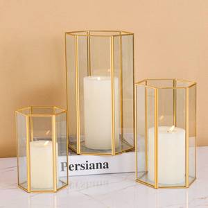 lot 92351 image: Glass Hurricane Candle Holder, Set of 3 Large Clear Hexagon Lanterns Pillar Candle Lantern with Gold Metal Frame Wedding Centerpiece Table Decor Home Decorations