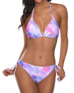 lot 92354 image: Tempt Me Women Purple Tie Dye Triangle Bikini Sets Halter Two Piece Sexy Swimsuit String Tie Side Bathing Suit S
