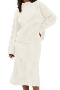 lot 92365 image: CHYRII Womens Fashion Two Piece Outfits Mock Neck Oversized Sweater Tops Skirt Sets Sweater Dress Lounge Sets White M
