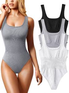 lot 92366 image: OQQ Womens 3 Piece Bodysuits Sexy Ribbed Sleeveless Square Neck Sleeveless Tank Tops Bodysuits Black Grey White