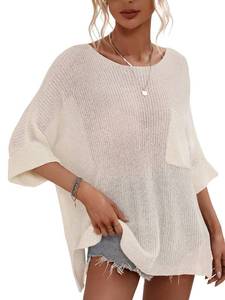 lot 92370 image: chouyatou Womens Spring Oversized Short Sleeve Crochet Sweater Top Beach Summer T-Shirt (Medium, White)