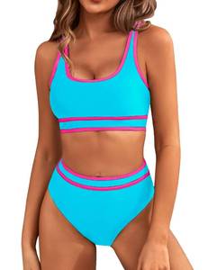 lot 92373 image: BMJL Womens High Waisted Bikini Sets Sporty Two Piece Swimsuits Color Block Cheeky High Cut Bathing Suits(L,Sky Blue)