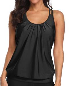 lot 92375 image: Yonique Blouson Tankini Tops for Women Swimwear Top Only Modest Tankini Tops Loose Fit Swim Tops No Bottom Solid Black S