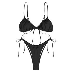 lot 92376 image: ZAFUL Women Textured High Waisted Bikini Metal O-Ring 2 Piece Swimsuits Lace Up High Cut Bathing Suit