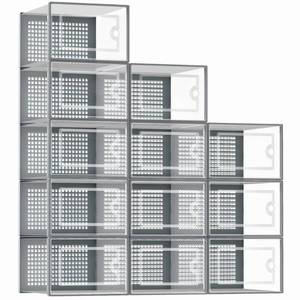 lot 92377 image: Kuject Shoe Organizers Storage Boxes for Closet, 12 Pack Clear Plastic Stackable Storage Bins with Lids, Under Bed Shoe Containers for Entryway, Drop Front, Fit up to Womens Size 10,Grey