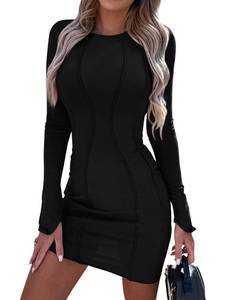 lot 92386 image: PRETTYGARDEN Womens 2024 Fall Bodycon Mini Dresses Casual Long Sleeve Solid Color Short Tight Ladies Party Club Fashion Dress (Black,Small)