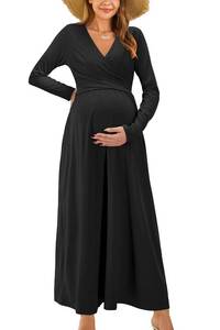 lot 92396 image: OUGES Womens 2024 Fall Winter Fashion Long Sleeve V Neck Maxi Dress with Pockets Maternity Clothes Nursing Dresses Baby Shower Photoshoot(Gray Green,XL)
