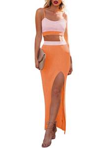 lot 92397 image: Skirt Sets for Women Knitted Crop Top Side Slit Midi Skirt 2 Piece Sweater Dress Colorblock Orange M