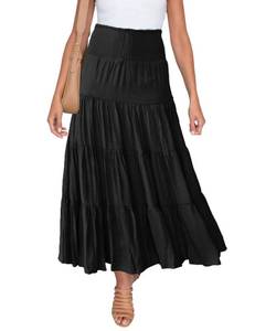 lot 92401 image: HAEOF Womens Summer Elastic High Waist Boho Maxi Skirt Casual Drawstring A Line Long Skirt Black Large