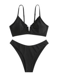 lot 92408 image: ZAFUL Womens Underwire Bikini High Leg Bikini Set V-Wired Two Piece Swimsuit Bathing Suit(1-Black, XL)