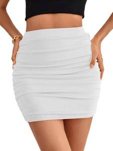lot 92419 image: WAYMODE Womens Pencil High Waist Ruched Stretchy Bodycon Mini Short Skirt White Large