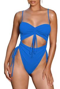 lot 92422 image: Viottiset Womens Cut Out Drawstring One Piece Swimsuit Cheeky High Cut Bathing Suit Light Blue Medium