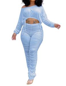 lot 92426 image: Kafiloe Women�s Sexy 2 Pieces Workout Outfit Off Shoulder Long Sleeve Crop Top Stacked Pants Set Tracksuit Sportswear Light Blue XL - Retail $7414.43