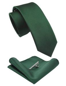 lot 92427 image: JEMYGINS 2.4 Green Skinny Tie and Pocket Square with Tie Clip Silk slim Necktie Sets for Men