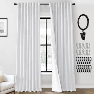 lot 92432 image: PANELSBURG White Linen Blackout Curtains Drapes 108 Inches Long 2 Panel Set,Pleated Back Tab Room Darkening Curtains with Black Rings Clips Included for Living Room,9FT Length