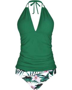 lot 92434 image: Yonique Womens Two Piece Swimsuits Green Tummy Control Tankini Plus Size Bathing Suit Halter V Neck Swimwear S