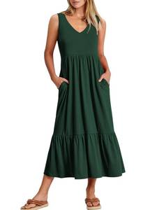 lot 92436 image: ANRABESS Womens Summer Casual Sleeveless V Neck Swing Dress Fit & Flare Flowy Tiered Maxi Beach Sundress with Pockets Deep Green Medium