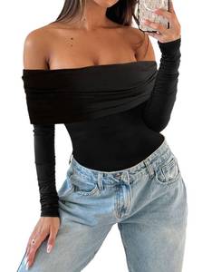 lot 92438 image: AGECODE Womens Sexy Off The Shoulder Ruched Layer Long Sleeve Bodysuit Tops Shirts Black Small