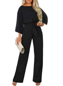 lot 92441 image: Happy Sailed Women Casual Loose 34 Sleeve Belted Wide Leg Pant Romper Jumpsuits 2X-Large Black