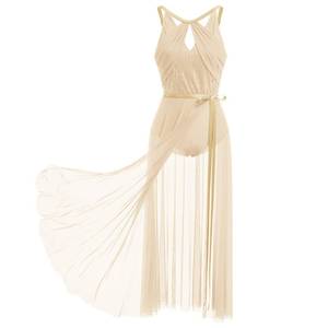 lot 92451 image: Lyrical Dance Costume for Women Adult Modern Contemporary Dancewear Dress Shiny Sequin Sleeveless Leotard Halter Backless Bodysuit Sheer Flowy Mesh Tulle Long Wrap Skirt 2pcs Outfit Champagne L