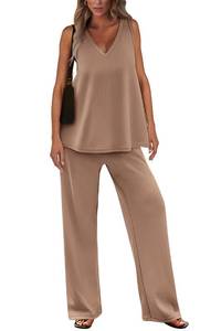 lot 92452 image: PRETTYGARDEN Womens 2 Piece Summer Tracksuits Sleeveless V Neck Tank Top Wide Leg Pants Casual Knit Outfit Sets (Camel,Large)