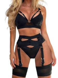 lot 92455 image: Kaei&Shi Garter Belt Thong Lingerie For Women,Strappy Hollow Out Sexy Lingerie,Underwire Mesh Sheer Matching 4 Piece Lingerie Set Boudoir Black 2X-Large