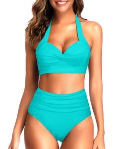 lot 92458 image: Tempt Me Womens Vintage Swimsuits Blue Green Retro Halter Ruched High Waist Bikini with Bottom M