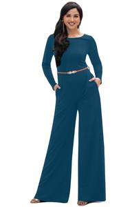 lot 92464 image: KOH KOH Plus Size Womens Long Sleeve Sleeves Wide Leg with Belt Formal Elegant Cocktail Party Fall Pant Suit Pants Suits Jumpsuit Jumpsuits Romper Rompers, Blue Teal 2XL 18-20