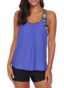 lot 92466 image: Aleumdr Womens Blouson Striped T-Back Push Up Tankini Top Halter Padded Slimming Swimsuit Sporty Swimwear Blue Plus Size X-Large 14 16