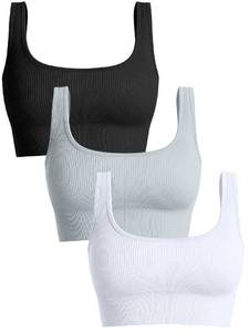 lot 92473 image: OQQ Womens 3 Piece Medium Support Tank Top Ribbed Seamless Removable Cups Workout Exercise Sport Bra Black Grey White
