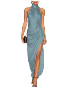 lot 92474 image: BELONGSCI Womens 2024 Summer Halter Neck Satin Dress Backless High Split Formal Wedding Guest Maxi Dresses - Retail $2222.52