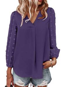 lot 92476 image: Samefar Womens Elegant Pom Pom Long Sleeve Shirt V Neck Tunic Tops Casual Fashion Blouses Deep Purple, Large