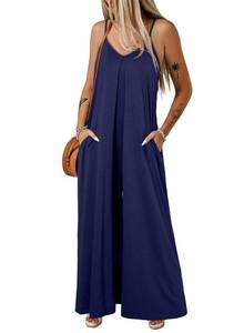 lot 92478 image: Dokotoo Womens Loose Blue Jumpsuits for Women Adjustable Spaghetti Strap Stretchy Wide Leg Solid One Piece Sleeveless Long Pant Romper Jumpsuit with Pockets 2024 Fashion Medium