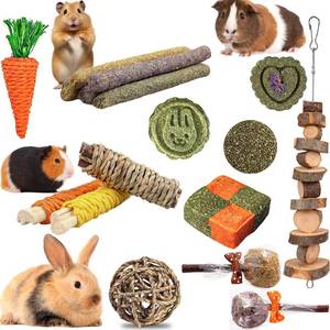 lot 92481 image: HERCOOCI 18Pcs Rabbit Chew Toys, Bunny Treats and Ball Timothy Hay Stick Toys for Rabbit Bunny Guinea Pig Chinchilla Hamster Teeth Care