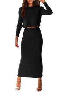 lot 92484 image: PRETTYGARDEN Womens Fall 2 Piece Sweater Set Rib Knit Long Sleeve Crop Top Maxi Bodycon Skirt Casual Winter Outfits (Black,X-Large)