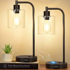 lot 92490 image: Set of 2 Industrial Touch Control Table Lamps with 2 USB Ports and AC Outlet - 3-Way Dimmable Black Bedside Lamps Nightstand Desk Lamps for Bedroom Living Room, Glass Shade & 2 LED Bulbs Included