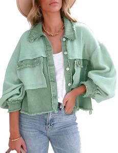 lot 92496 image: chouyatou Womens Cropped Waffle Knit Jacket Boyfriend Button Down Shirt Shacket Tops (Small, Green)