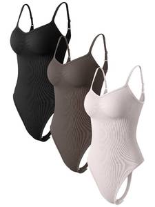 lot 92503 image: OQQ Womens 3 Piece Bodysuits Sexy Adjustable Spaghetti Strips Shapewear Tops Thongs Bodysuits Black Tea leaf Pumice grey