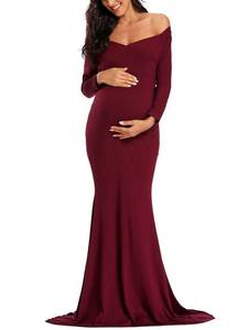 lot 92505 image: Ecavus Womens Off Shoulder Maternity Dress Slim Cross-Front V Neck Long Sleeve Gowns for Photoshoot
