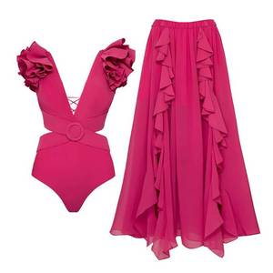lot 92507 image: IDOPIP Womens One Piece Swimsuit with Cover up Beach Skirt Retro Floral Printed Swimsuit Bathing Suit Ruffle V-neck Monokini Swimwear Sarong Coverup Two Piece Bikini Set Beachwear Hot Pink - Cutout S