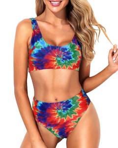 lot 92509 image: Tempt Me Women Color Tie Dye Two Piece Scoop Neck Bikini Crop Top Swimsuit Sporty High Waisted Bathing Suit L