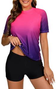 lot 92511 image: Halcurt Women 2 Piece Rash Guard with Boy Shorts Short Sleeve Ombre Fushcia M