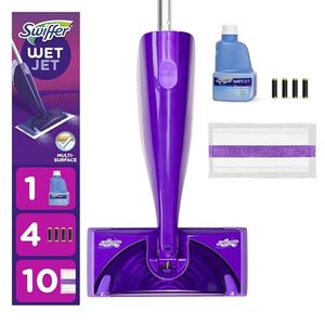 lot 92546 image: Swiffer WetJet Hardwood and Floor Spray Mop, All-in-One Mopping Cleaner Starter Kit, Includes 1 WetJet, 10 Pads, 1 Cleaning Solution & 4 Batteries