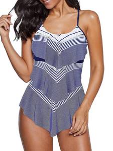 lot 92552 image: Century Star Womens Athletic One Piece 2024 Retro Flounce Swimsuits Ruffled Tiered Tummy Control Swimwear Plus Bathing Suits Blue Gradient Stripe 14-16