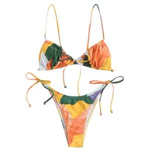 lot 92560 image: ZAFUL Bowknot Colorblock Tie Side String Bikini Swimwear High Cut Thong Bikini Set