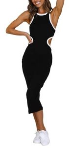 lot 92572 image: NauLon Womens Sexy Cut Out Waist Open Back Bodycon Dress Ankle Length Ribbed Party Club Midi Mini Dresses (as1, Alpha, s, Regular, Regular, Black)