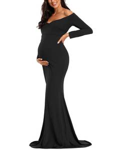 lot 92578 image: Ecavus Womens Off Shoulder Maternity Dress Slim Cross-Front V Neck Long Sleeve Gowns for Photoshoot