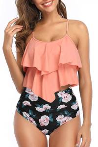 lot 92579 image: Womens High Waisted Swimsuits Tankini Flounce Top Bikini Bottom Tummy Control Modest Swimwear Two Piece Bathing Suits Orange L