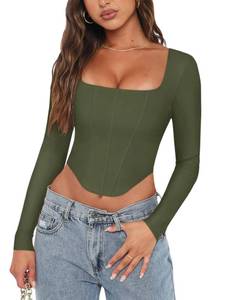 lot 92580 image: REORIA Womens Sexy Casual Square Neck Long Sleeve Backless Shirts Y2K Trendy Going Out Party Club Night Boned Bustier Corset Crop Tops Dark Green Small