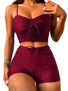 lot 92581 image: Lilosy High Waisted Tummy Control Drawstring Bikini Set String Swimsuit Cami Top and Tie Side Shorts 2 Piece Women Bathing Suit Burgundy Red Small
